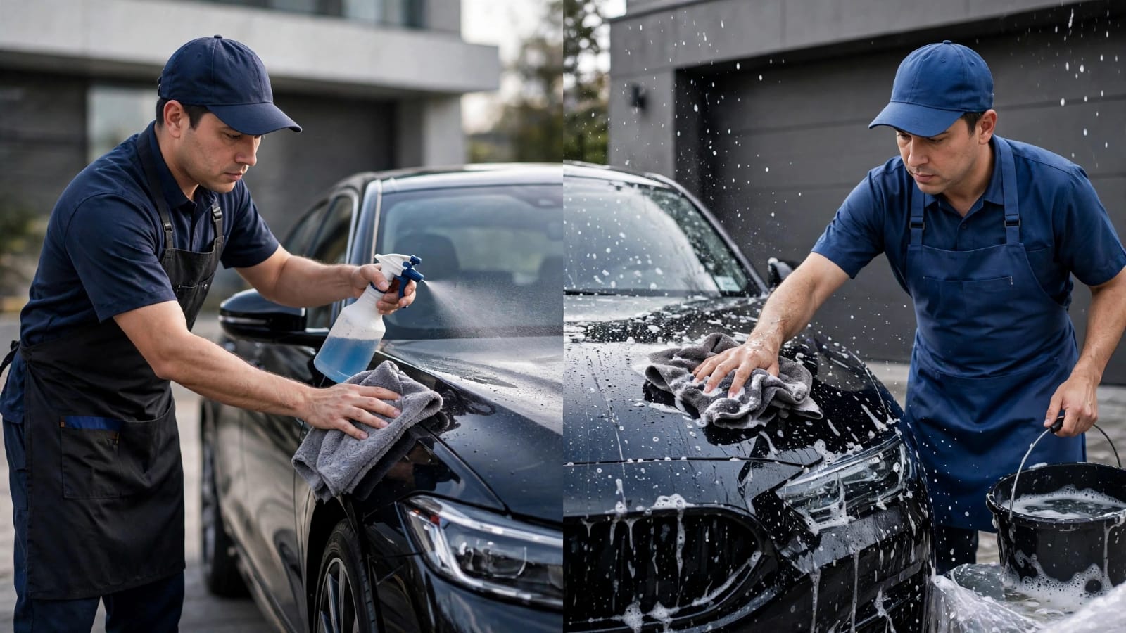 Professionals washing a car